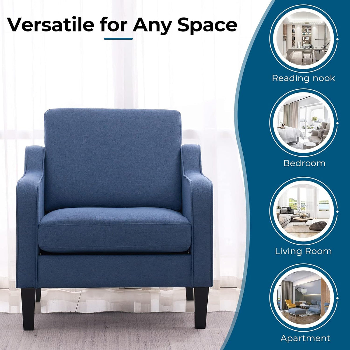 VINGLI Mid Century Modern Accent Chair, Navy Blue Fabric Accent Chairs for Living Room, Upholstered
