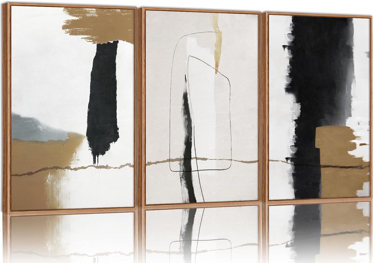 SIGNINART Black and White Abstract Framed Canvas Wall Art Set of 3, Beige Neutral Art Prints