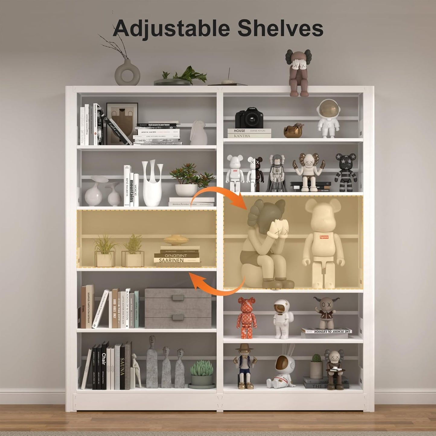 5-Tier Industrial Bookshelf, White Bookcases and Bookshelves,Tall Metal Book Shelf Storage