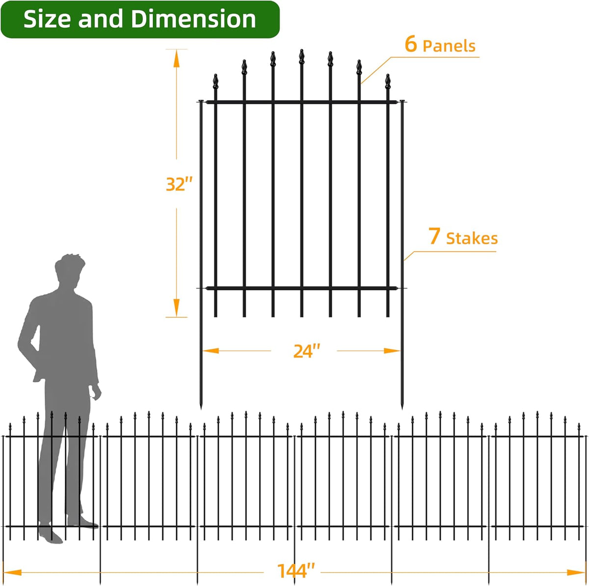 Metal Garden Fence 32 in H x 12 ft L, 6 Panels + 7 Stakes Border Dog Fence Panels Animal Barrier
