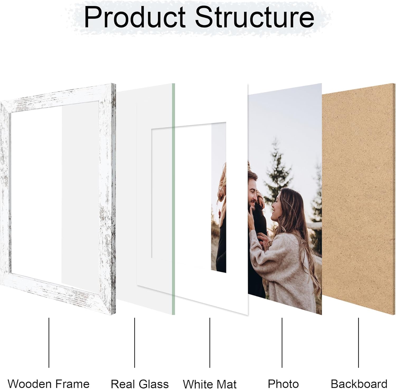 11x14 Picture Frame Set of 4, 11 x 14 Wood Photo Frames with Mat for 8x10, Rustic Natural Wooden