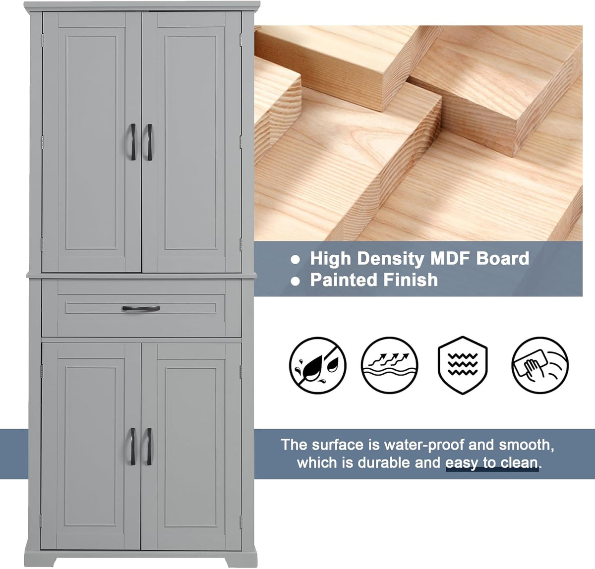 72.2" Tall Storage Cabinet with 4 Doors and Drawer, Freestanding Linen Cabinet, Wooden Pantry with