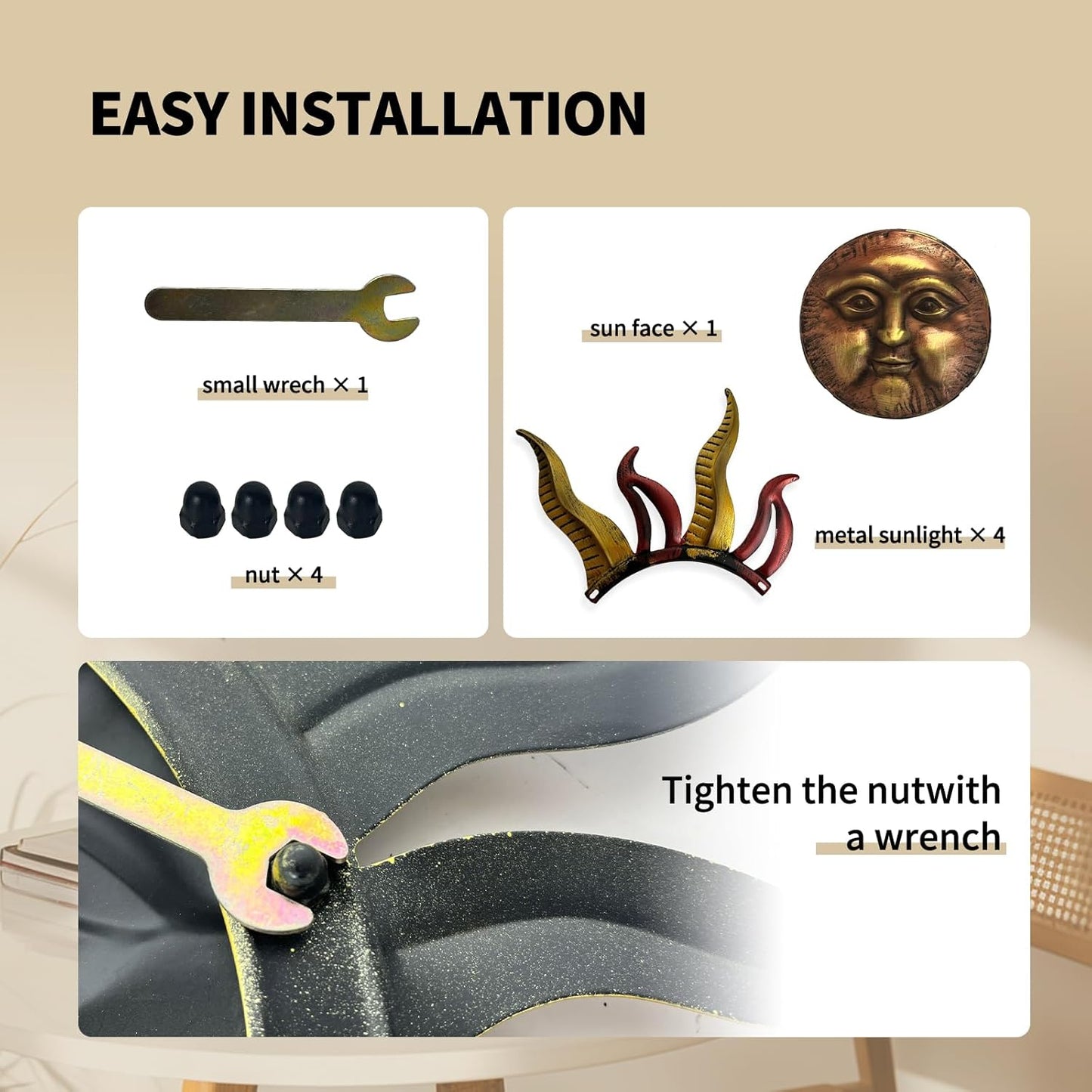 LIFFY 30" Large Sun Wall Decor - Metal Sun Face Wall Sculpture, 3D Hand-Painted Outdoor Wall Art
