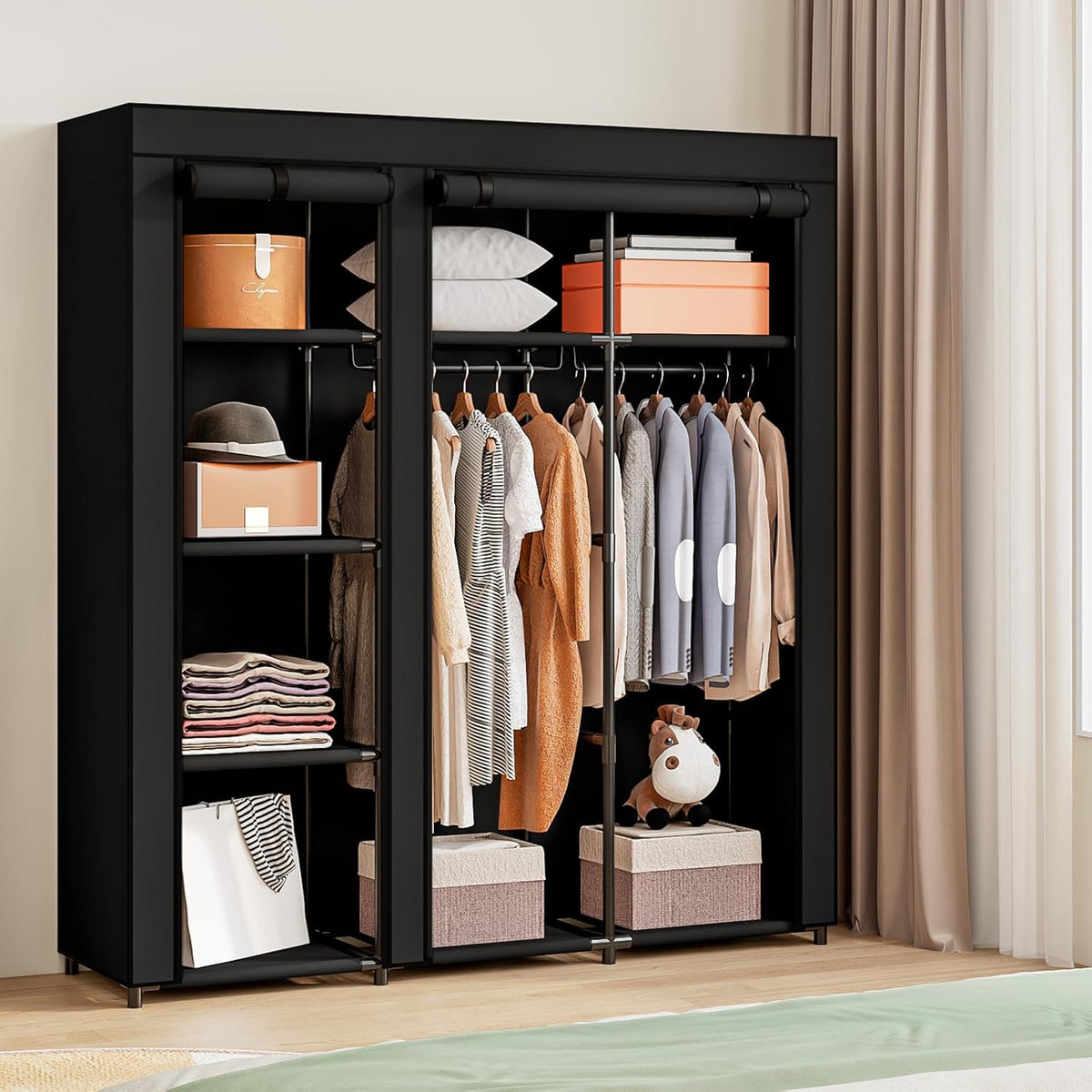 SORCEDAS Portable Wardrobe Closet Storage Organizer Metal Hanging Rack Non-Woven Fabric (Black, 51