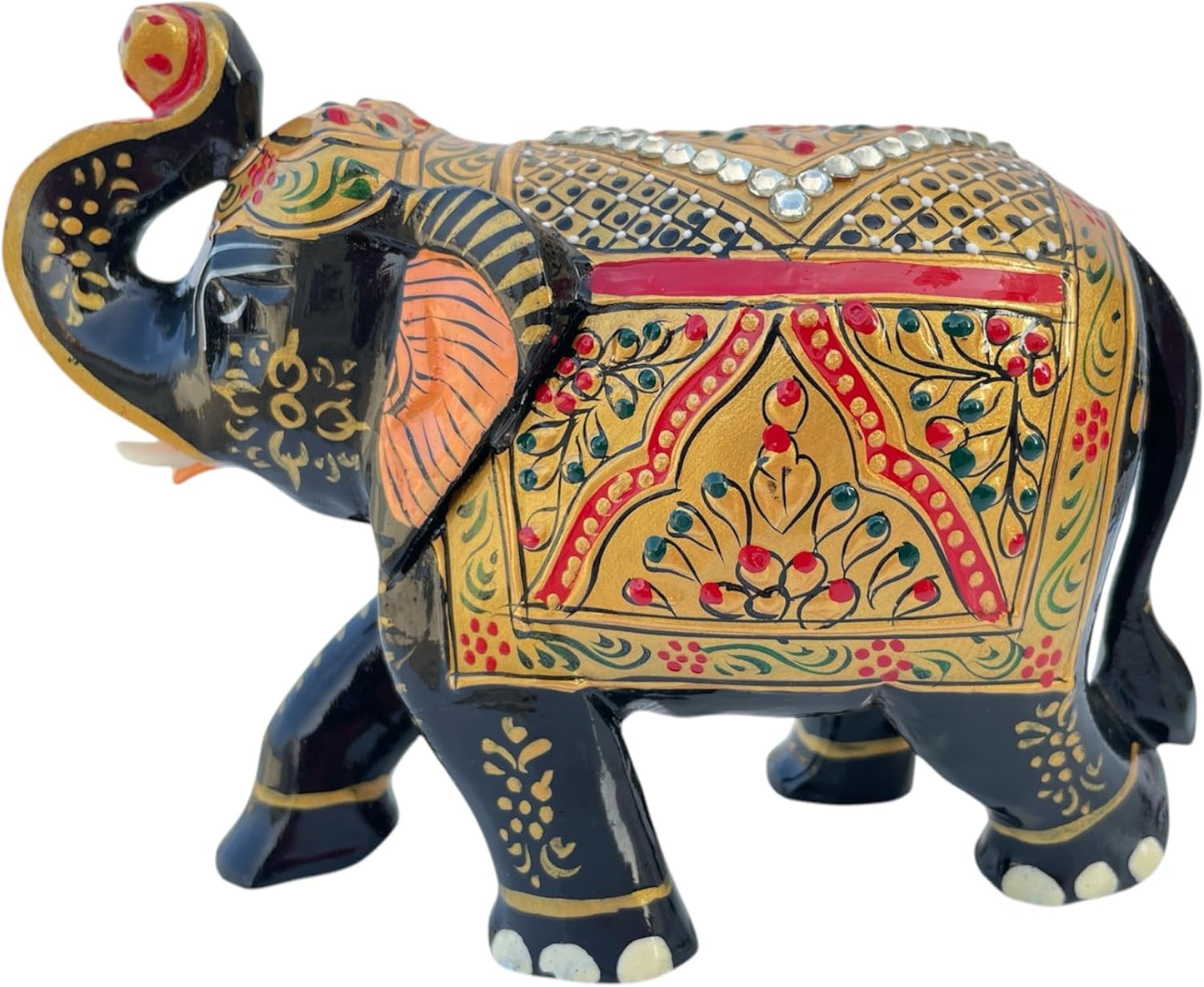 Handcrafted Wooden Elephant Figurine – Traditional Artwork, Gold & Gemstone Embellishments – Lucky