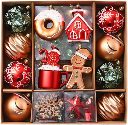 Gingerbread Man Christmas Tree Ball Ornaments Set - 72 ct Red Green Copper Gold Plastic