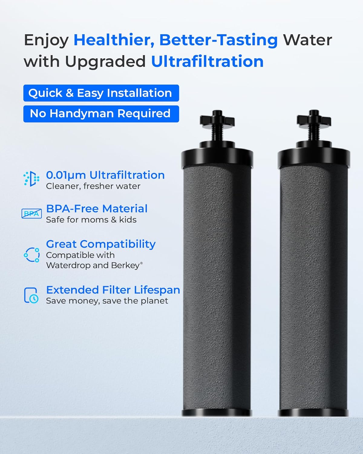 [New Upgraded Ultrafiltration] Waterdrop Black Water Filter, Replacement for Berkey® BB9-2® Black