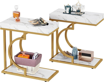 Tribesigns Narrow Side Table White Gold C Shaped End Table Modern Small Bedside Tables for Couch