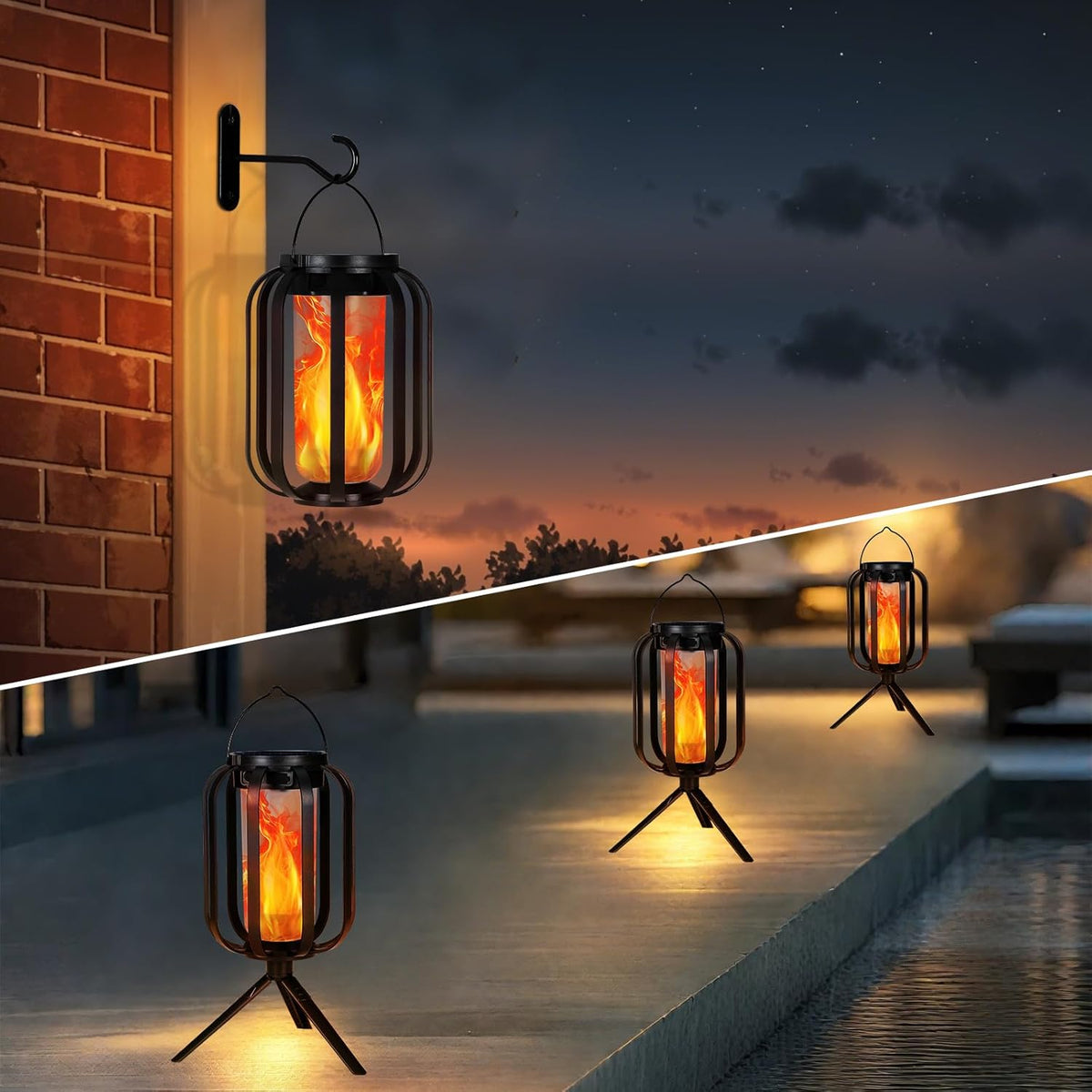 Solar Lantern Outdoor Lights, 2 Pack Waterproof Solar Powered Lanterns with Flickering Flame
