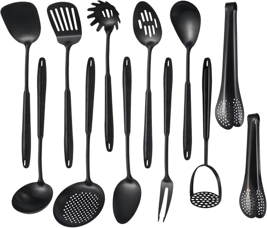 304 Stainlss Steel Matte Kitchen Utensils Set, 12 Pcs Long Metal Cooking Utensil Gadgets Tools Set