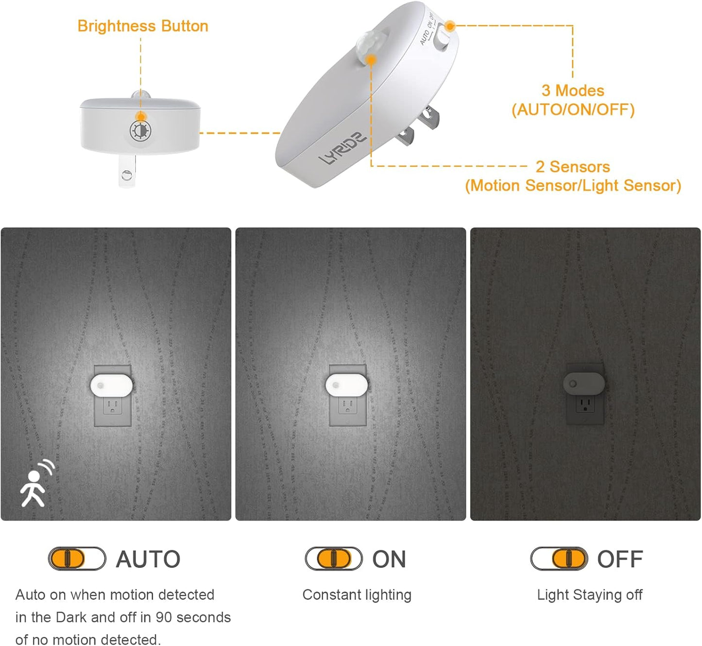 Lyridz Plug in Night Light with Motion Sensor, Smart Cool White LED Nightlights with 1-120LM