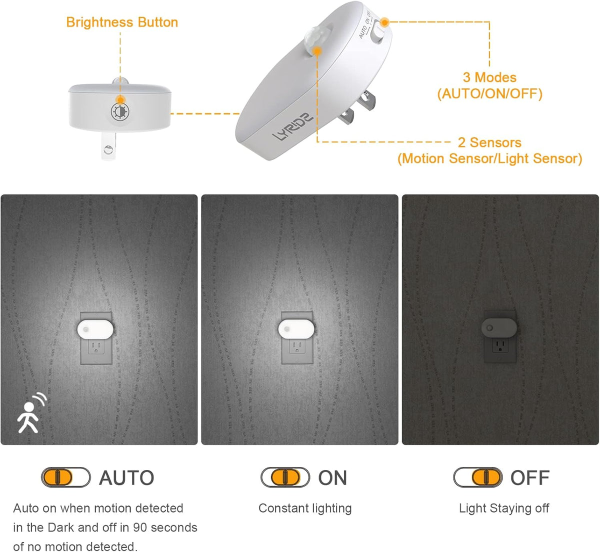 Lyridz Plug in Night Light with Motion Sensor, Smart Cool White LED Nightlights with 1-120LM