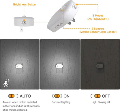 Lyridz Plug in Night Light with Motion Sensor, Smart Cool White LED Nightlights with 1-120LM