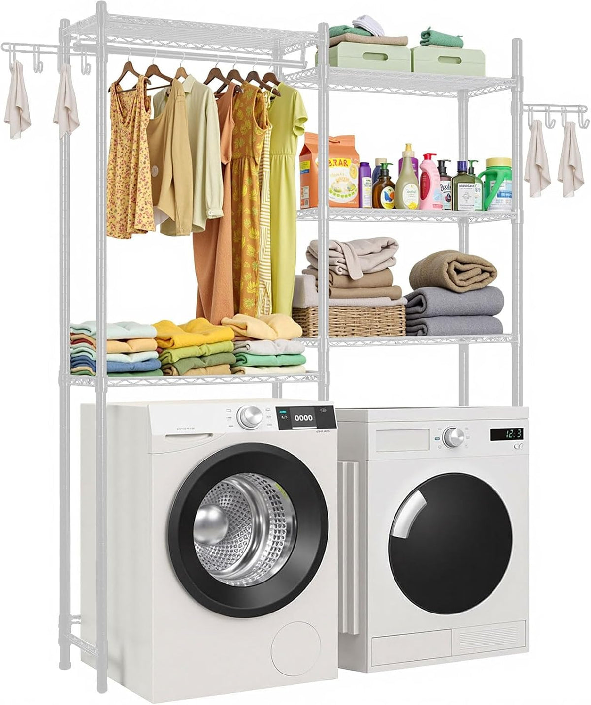 VEVOR Over The Washer and Dryer Storage Shelf, 5 Tier Laundry Room Drying Rack with Hanger Rod and