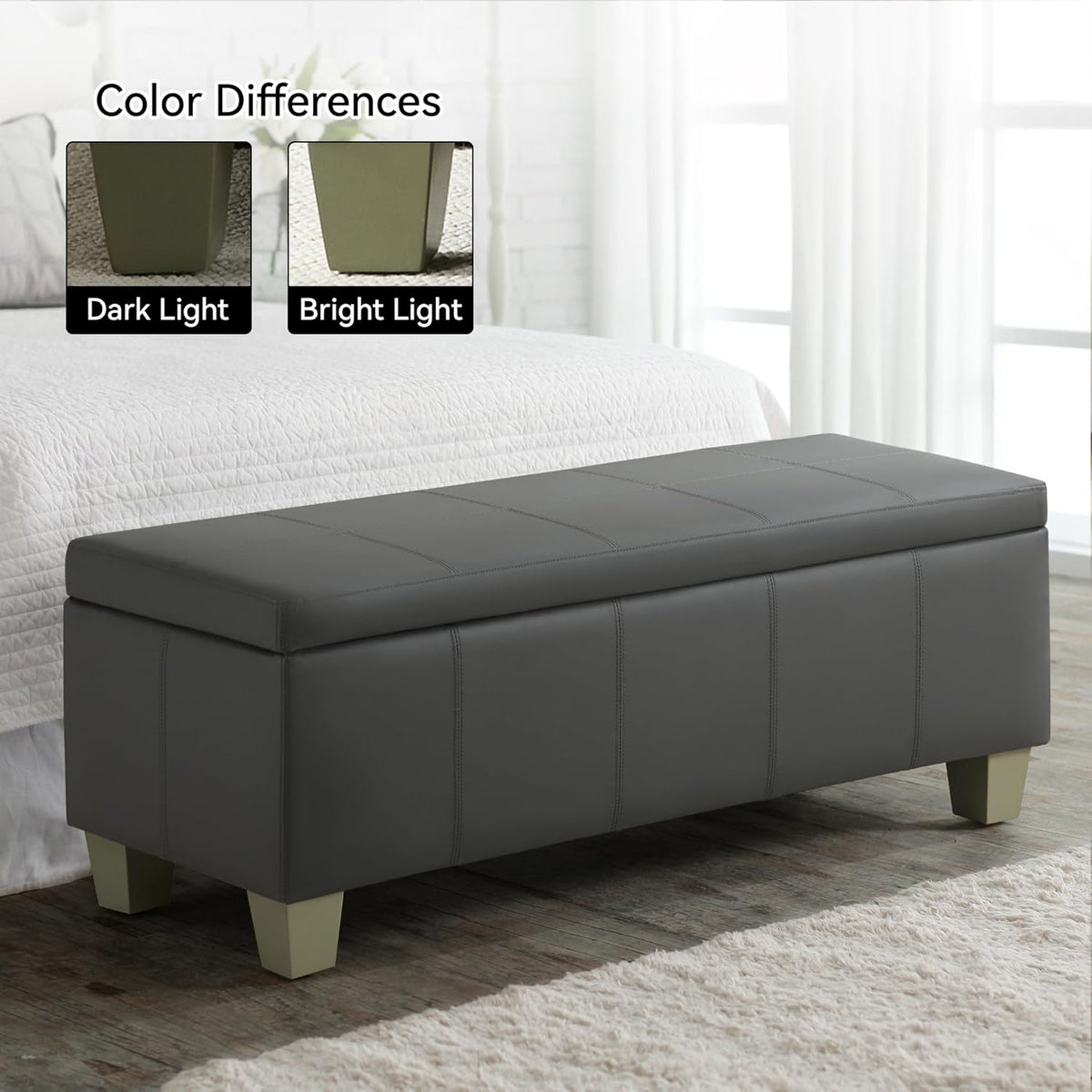 51" Faux Leather Storage Ottoman, Stitch Tufted Rectangle Upholstered End of Bed Storage Bench