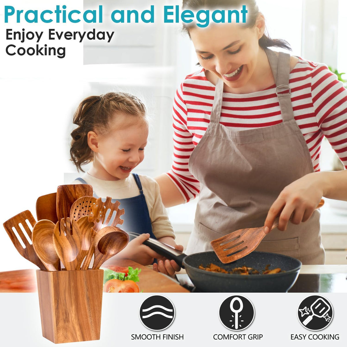 Wooden Spoons for Cooking, Acacia Wood Cooking Utensils Set – 11 Piece Wooden Kitchen Tools with