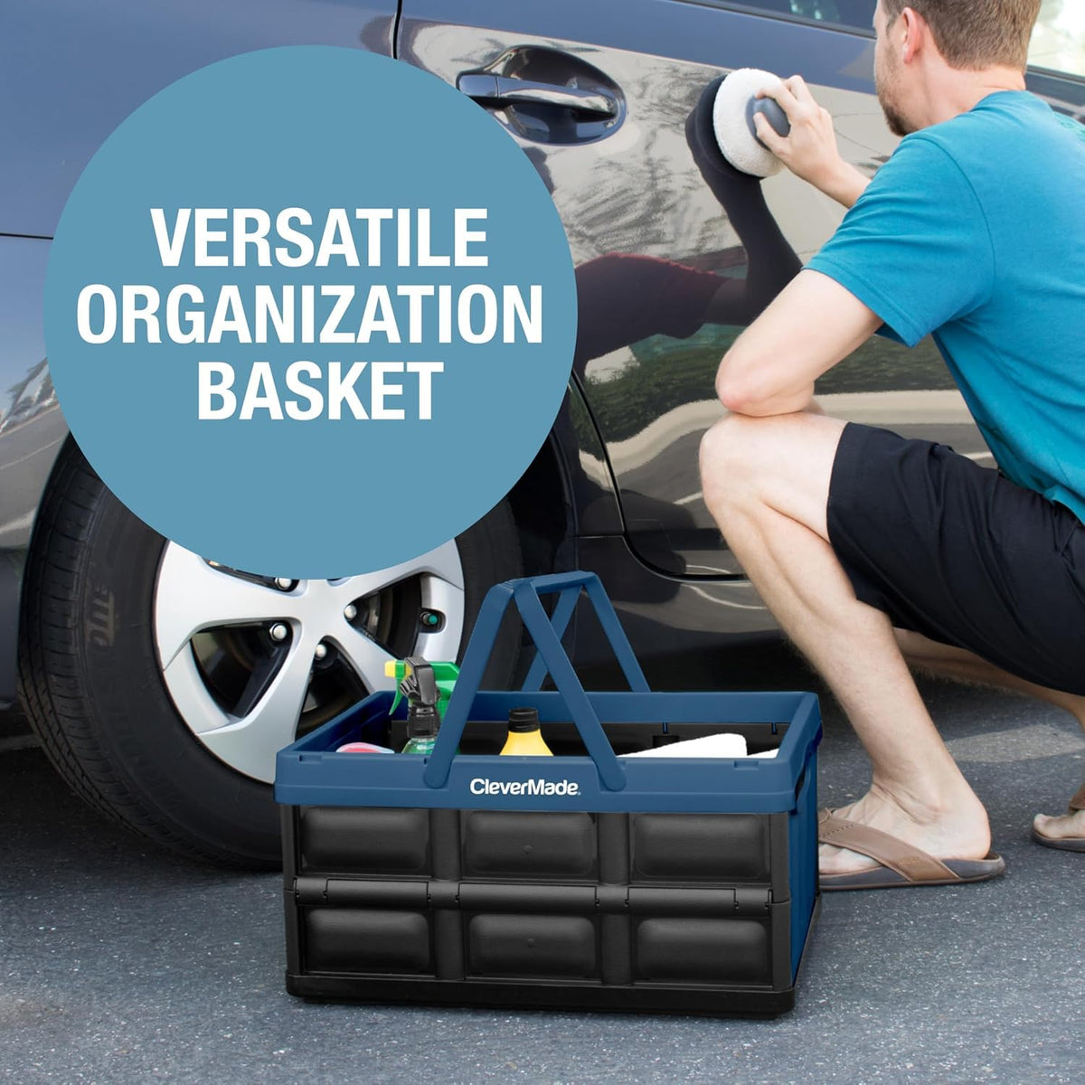 CleverMade Collapsible Shopping Basket, 32L Storage Crate, 1 Pack, Ocean