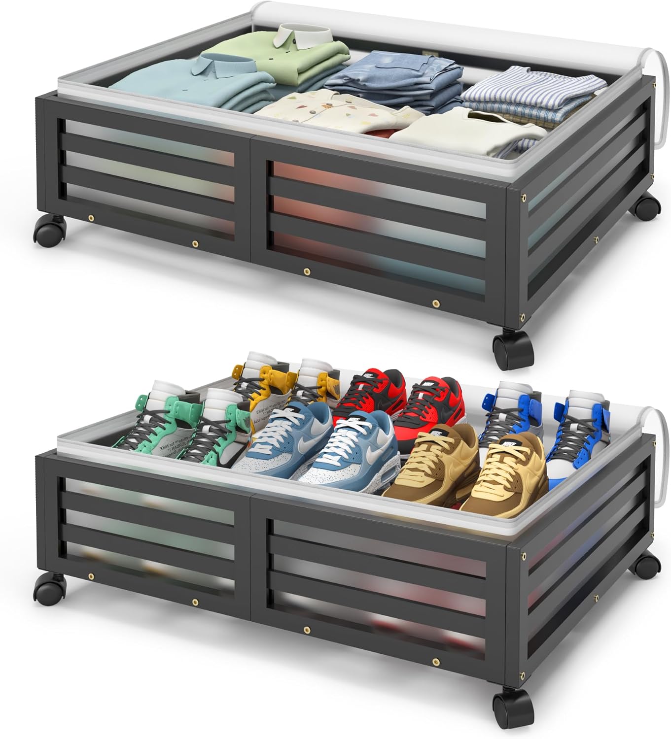 Under Bed Storage with Wheels-Large Bamboo Underbed storage Containers with Large Dust Bag