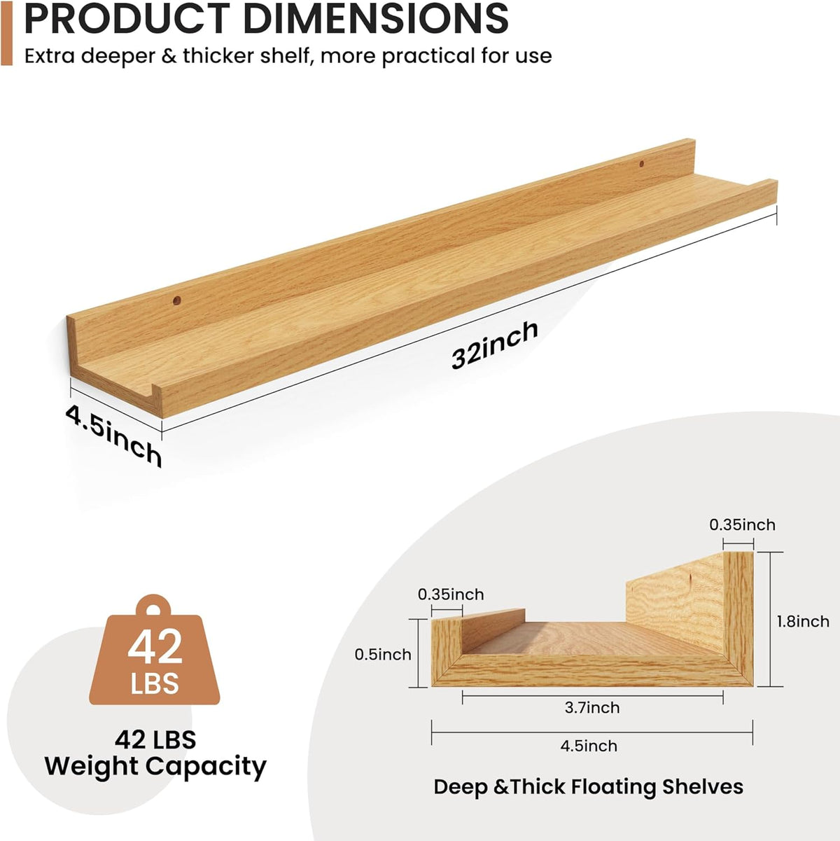 Fun Memories Picture Ledge Shelves Set of 2, 32 Inch Rustic Wall Mounted Floating Shelves with Lip