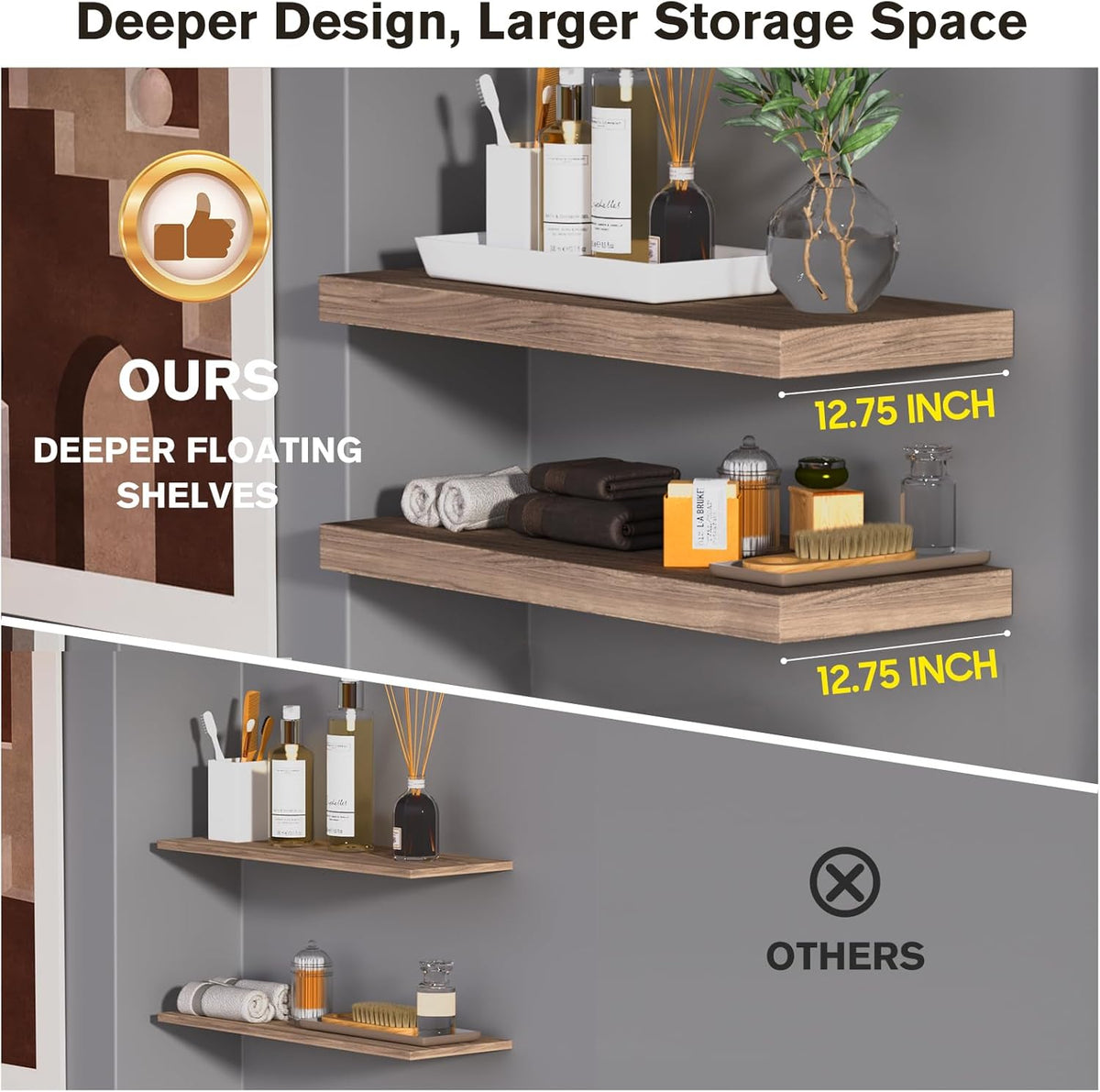 Floating Shelf, Set of 2 Wall Shelf, 24 in W x 12.75 in D x 2 in H Wooden Floating Wall Shelf with
