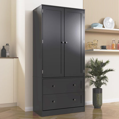 64.2" Tall Black Kitchen Pantry, Storage Cabinet with Doors and Drawers, Freestanding Wooden