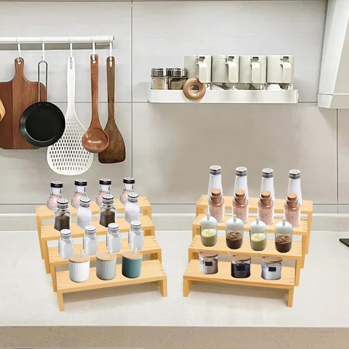 Large Display Wood Risers Wooden Stand 8 Tier Wood Racks Decorative Rectangular, 2 Set 8 Pieces