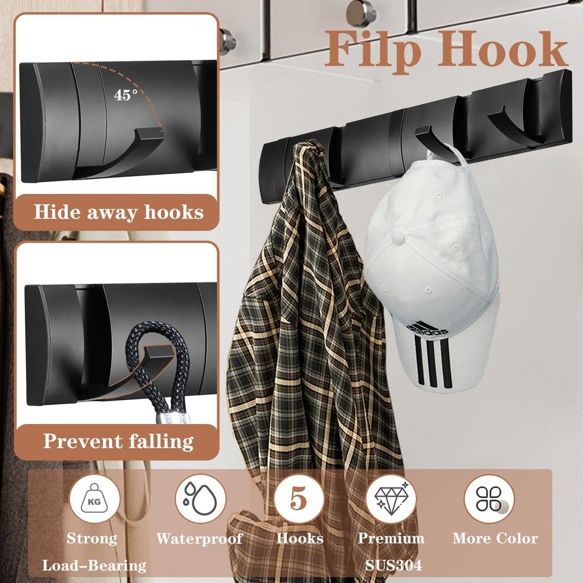 Folding Coat Hooks, Wall Mounted Coat Rack with 5 Retractable Hooks, Heavy Duty Towel Rack for