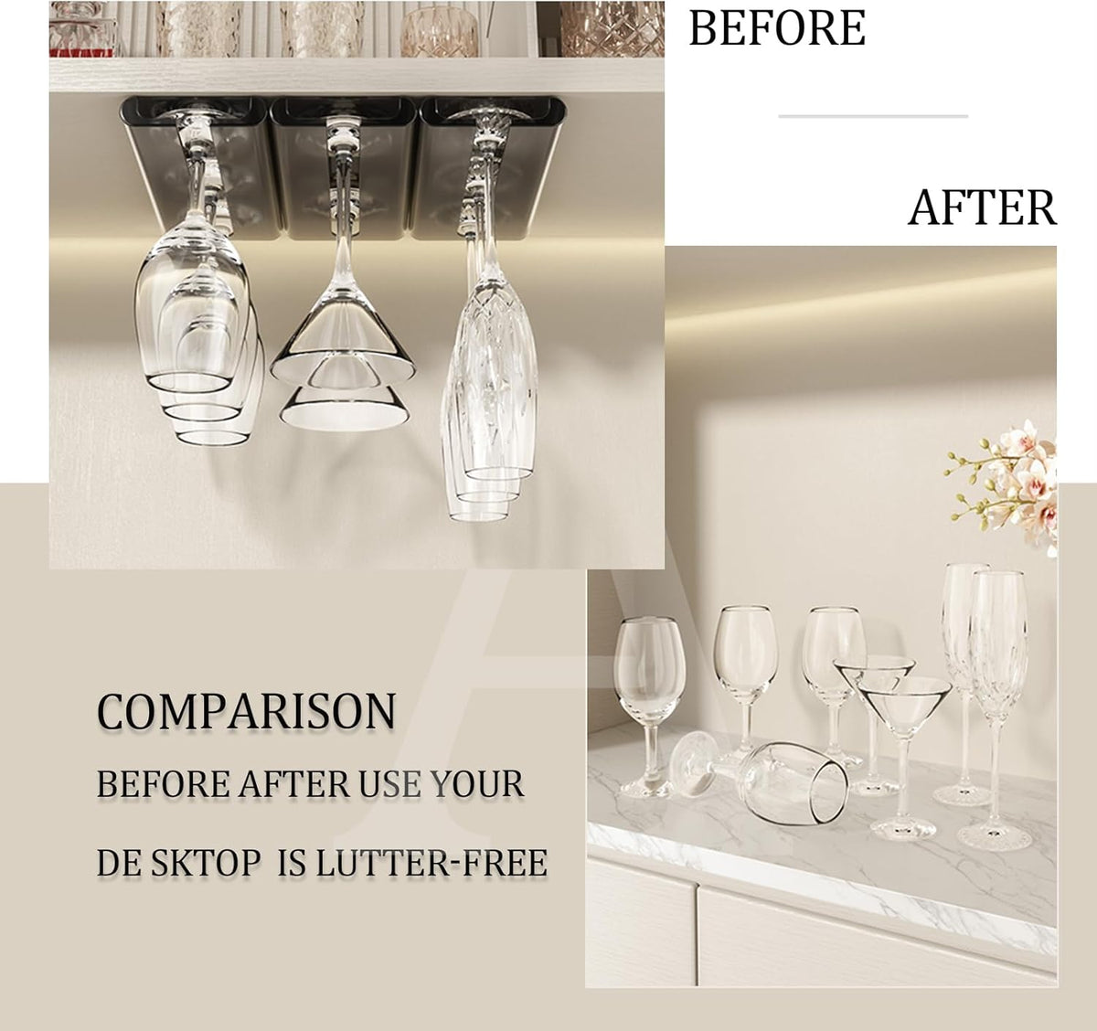 4Pack Wine Glass Rack, Punch-free Stemware Rack for Kitchen and Bar (Grey)