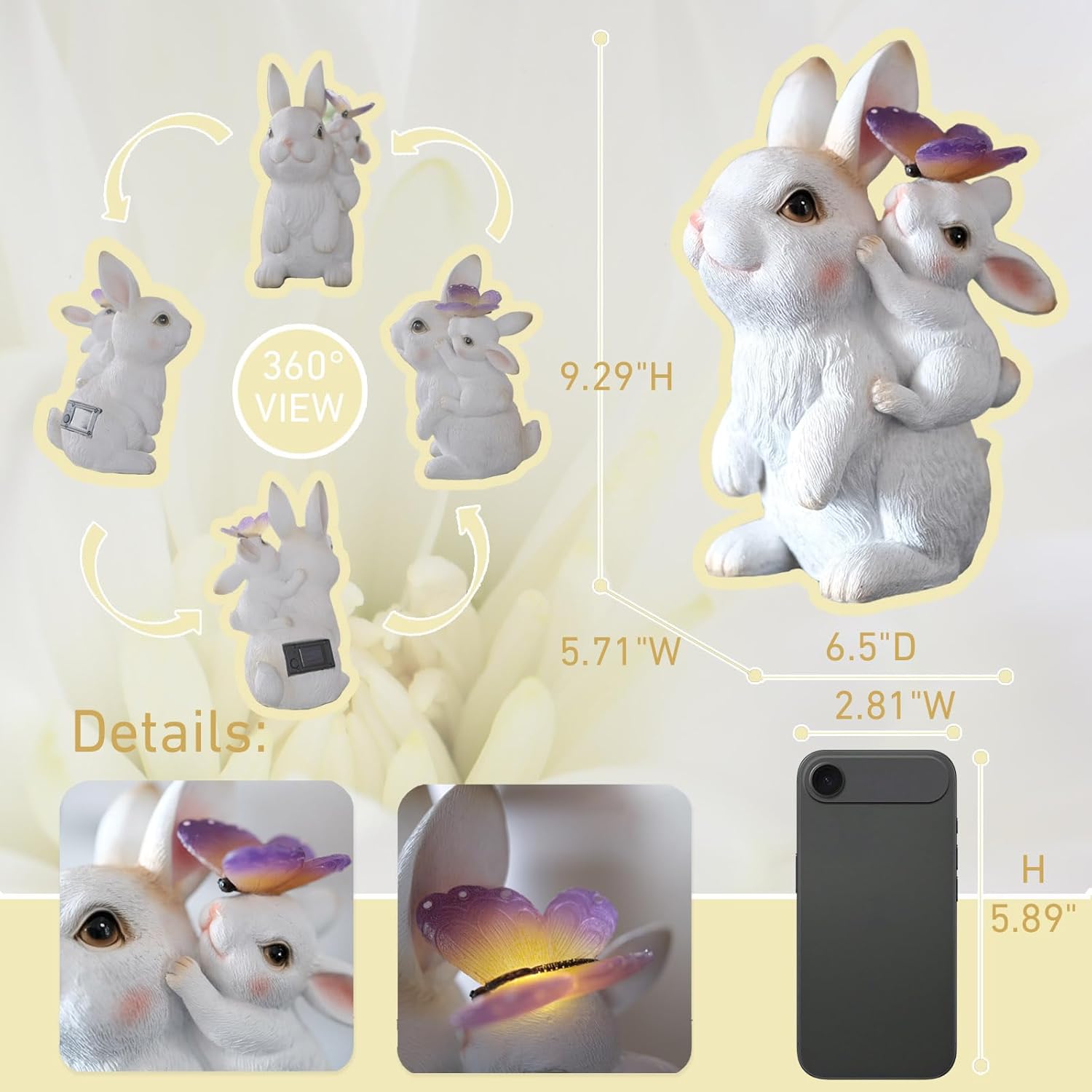 Solar Garden Statues Rabbit with Solar Lights,Mother&Baby Bunny Figurine with Butterfly Changing