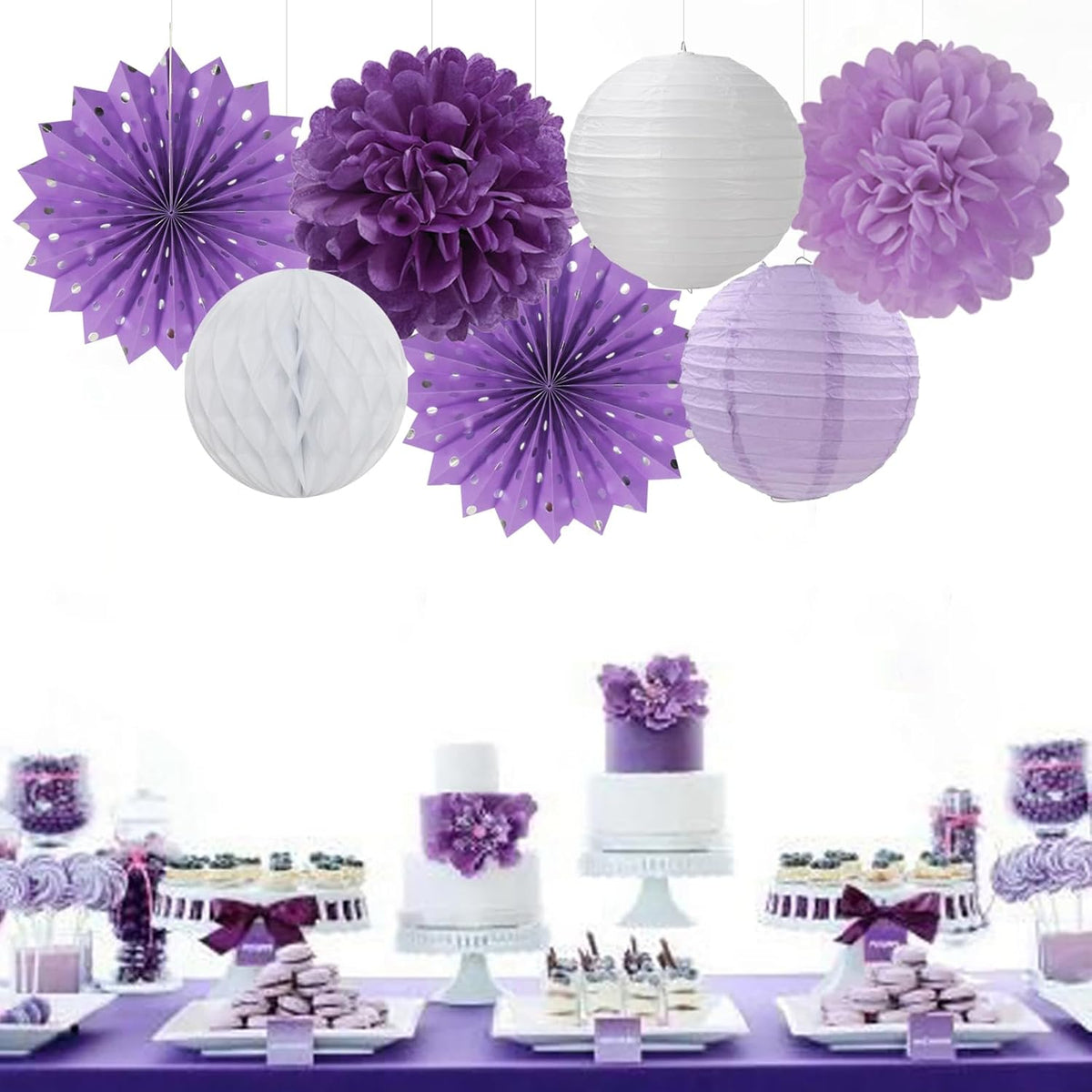 Purple-White Lavender Party Decorations Streamers - 14pcs Women Girl Birthday Paper Lanterns