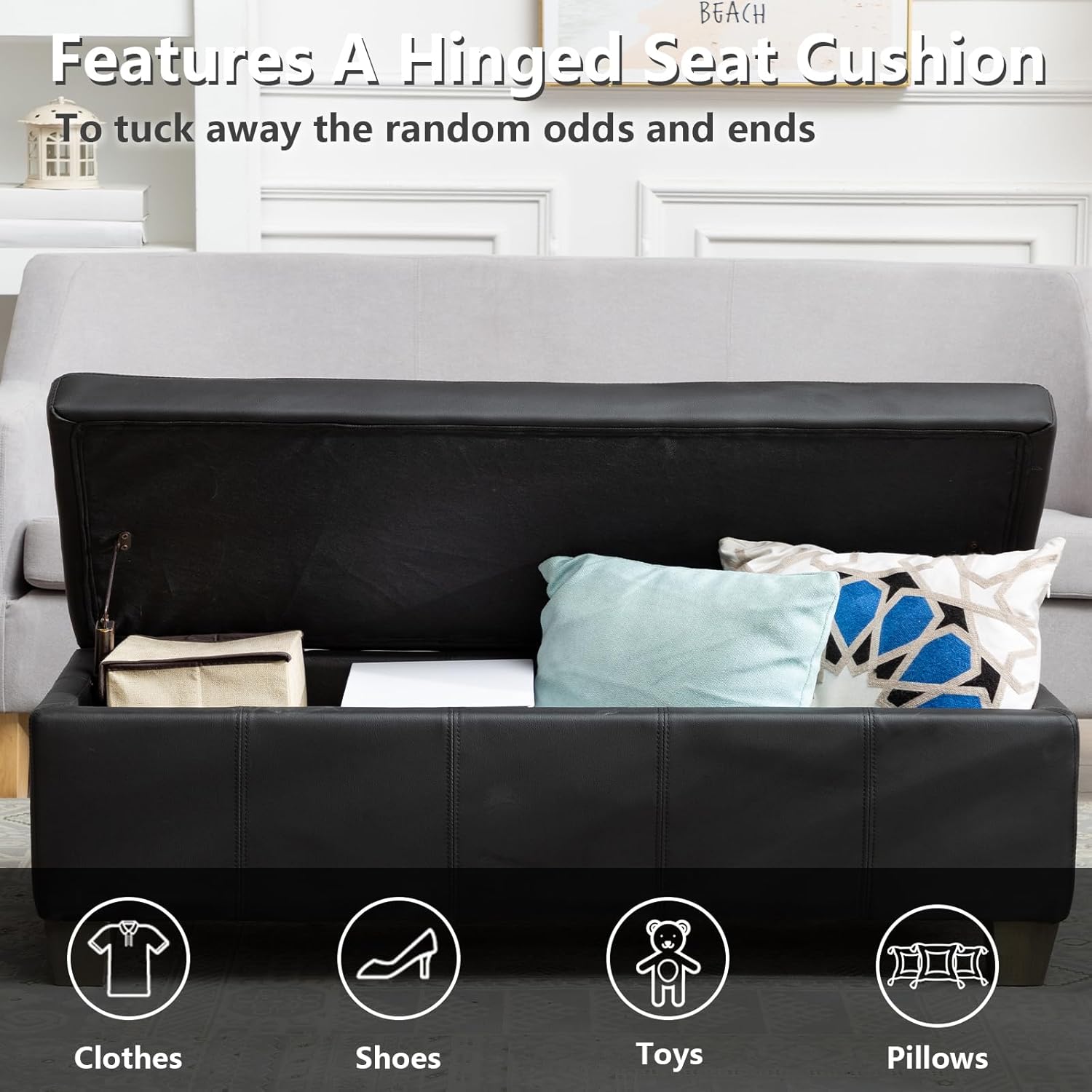 51 Inch Black Faux Leather Ottoman with Storage, Rectangular Extra Long Bench, End of Bed Bench