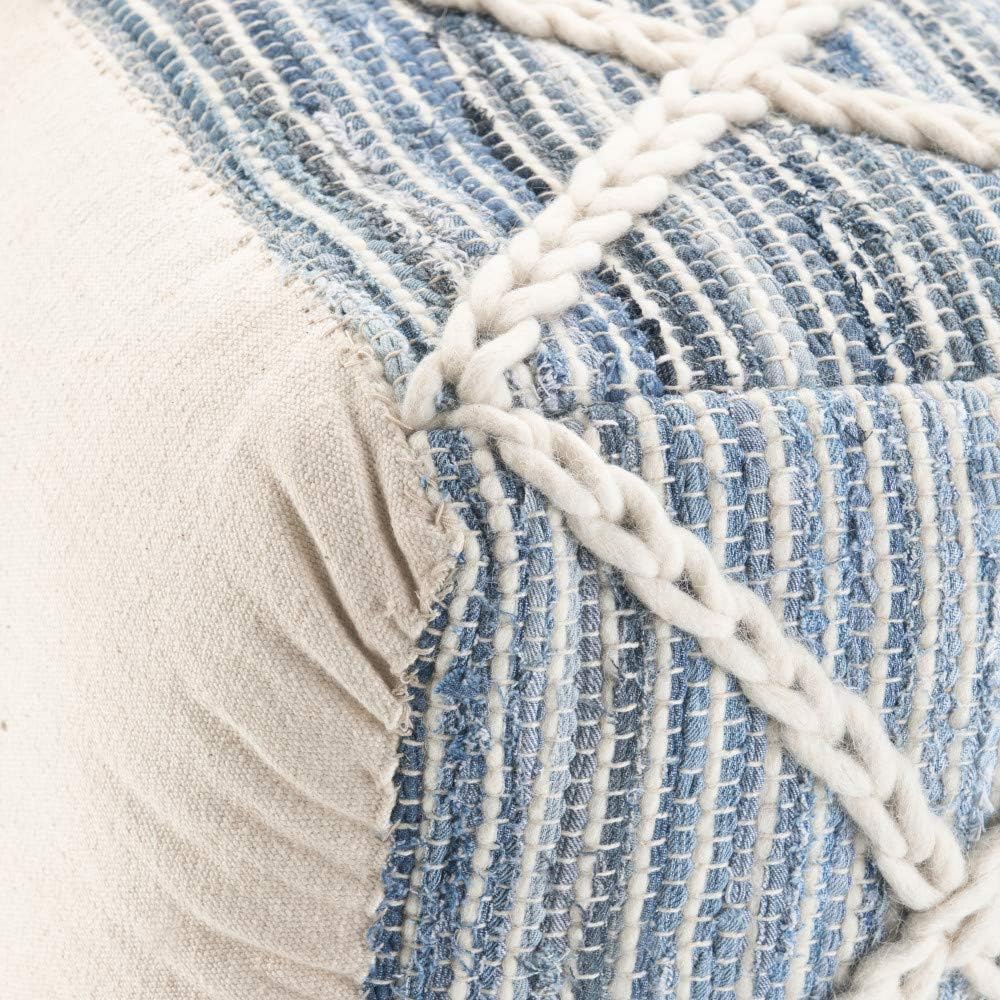 SIMPLIHOME Cowan Boho Square Pouf in Blue, Natural Handloom Woven for the Living Room, Bedroom and