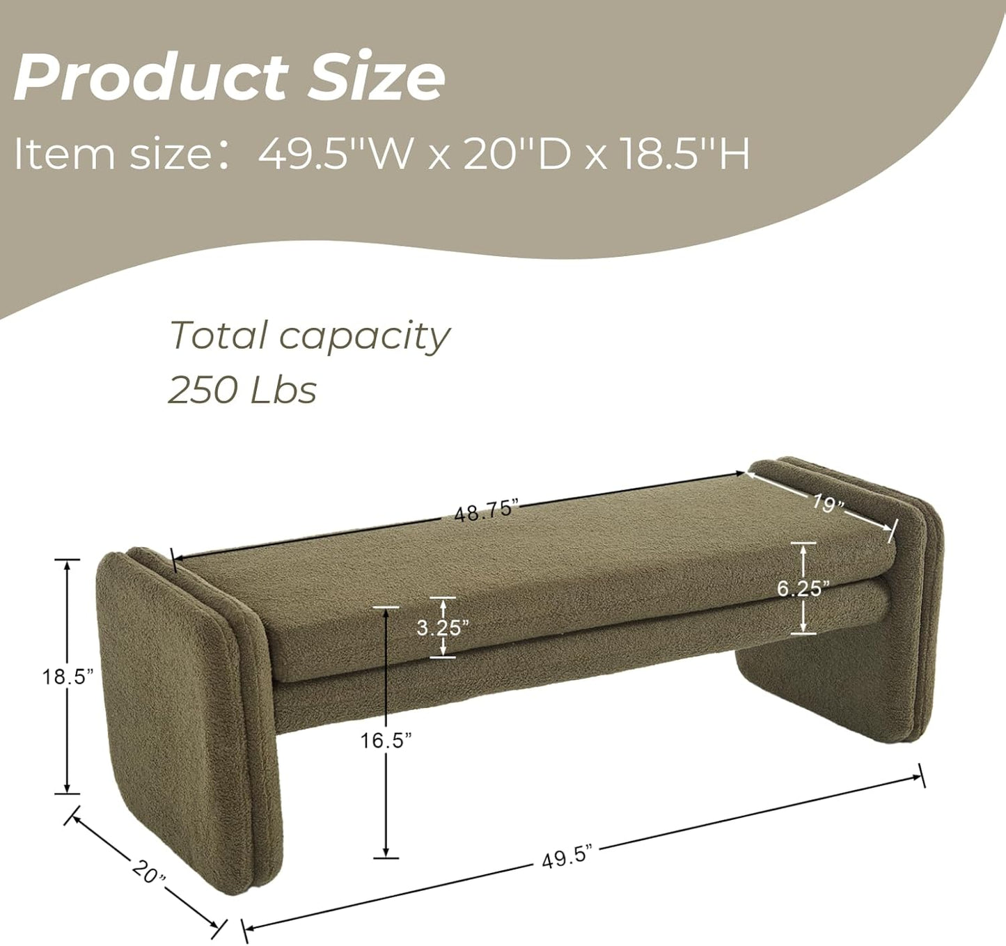 Green Boucle Bench 50" Sherpa End of Bed Bench Modern Upholstered Bench for Bedroom Entryway Living
