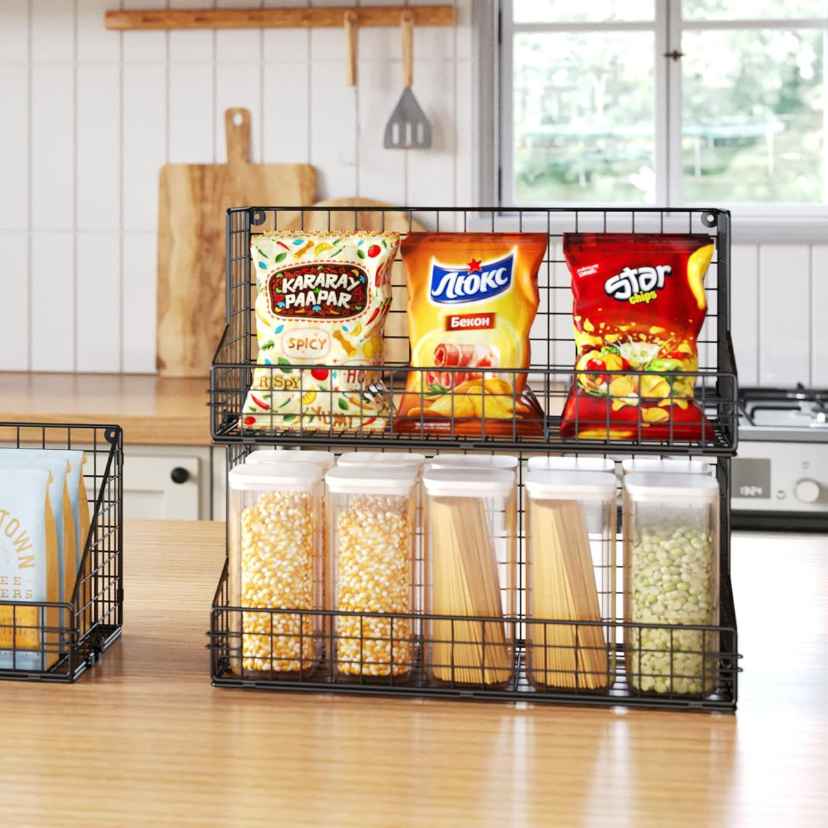 X-cosrack 3 Tier Large Stackable Snack Organizer - Versatile Wall Mounted Wire Storage Basket with