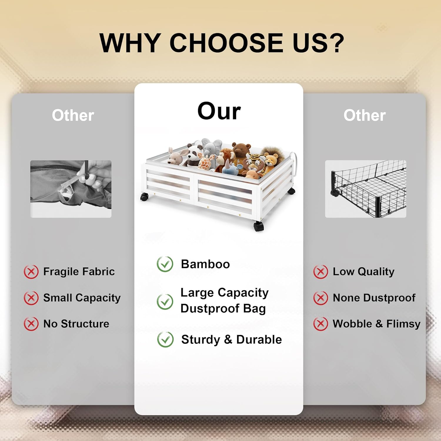 Under Bed Storage with Wheels-Large Bamboo Underbed storage Containers with Large Dust Bag