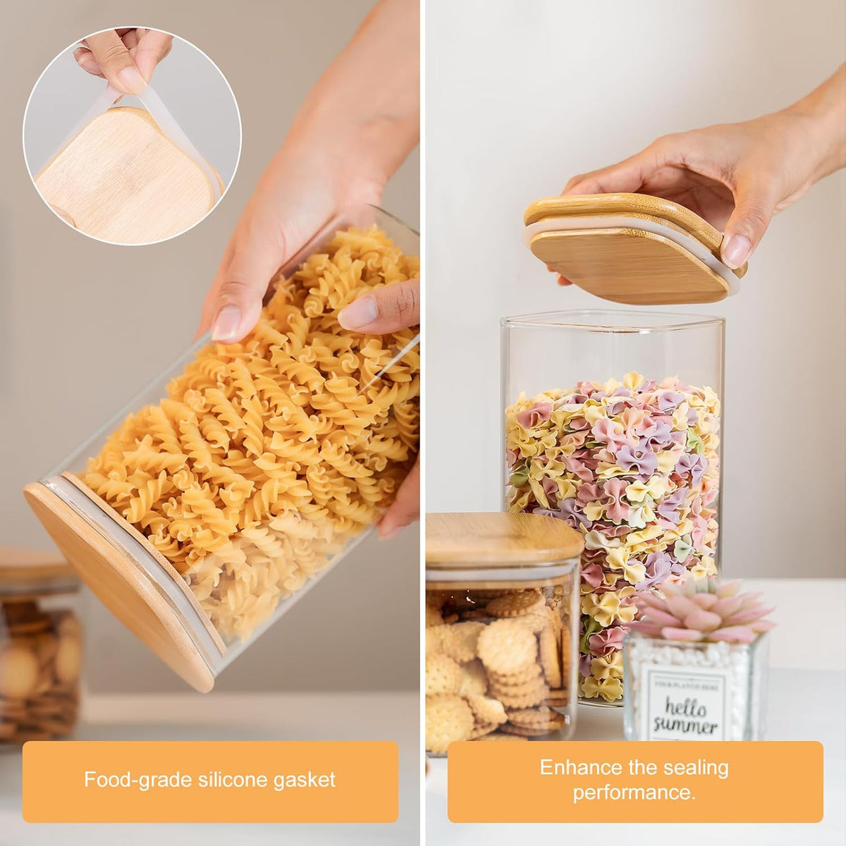 Glass Storage Jars 6 Pack -50oz (10cmx20cm)Clear Glass Food Storage Containers with Airtight Bamboo