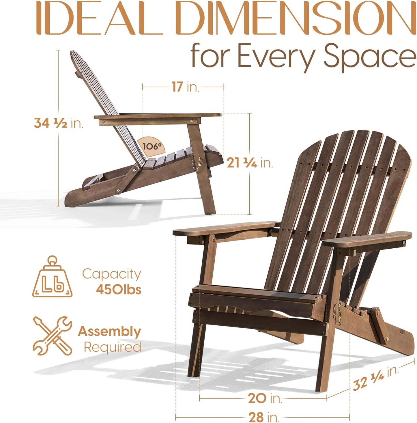 IDZO Outdoor Adirondack Chair Set of 2, Pre-Assembled Backrest, Patio Furniture Set, Outdoor