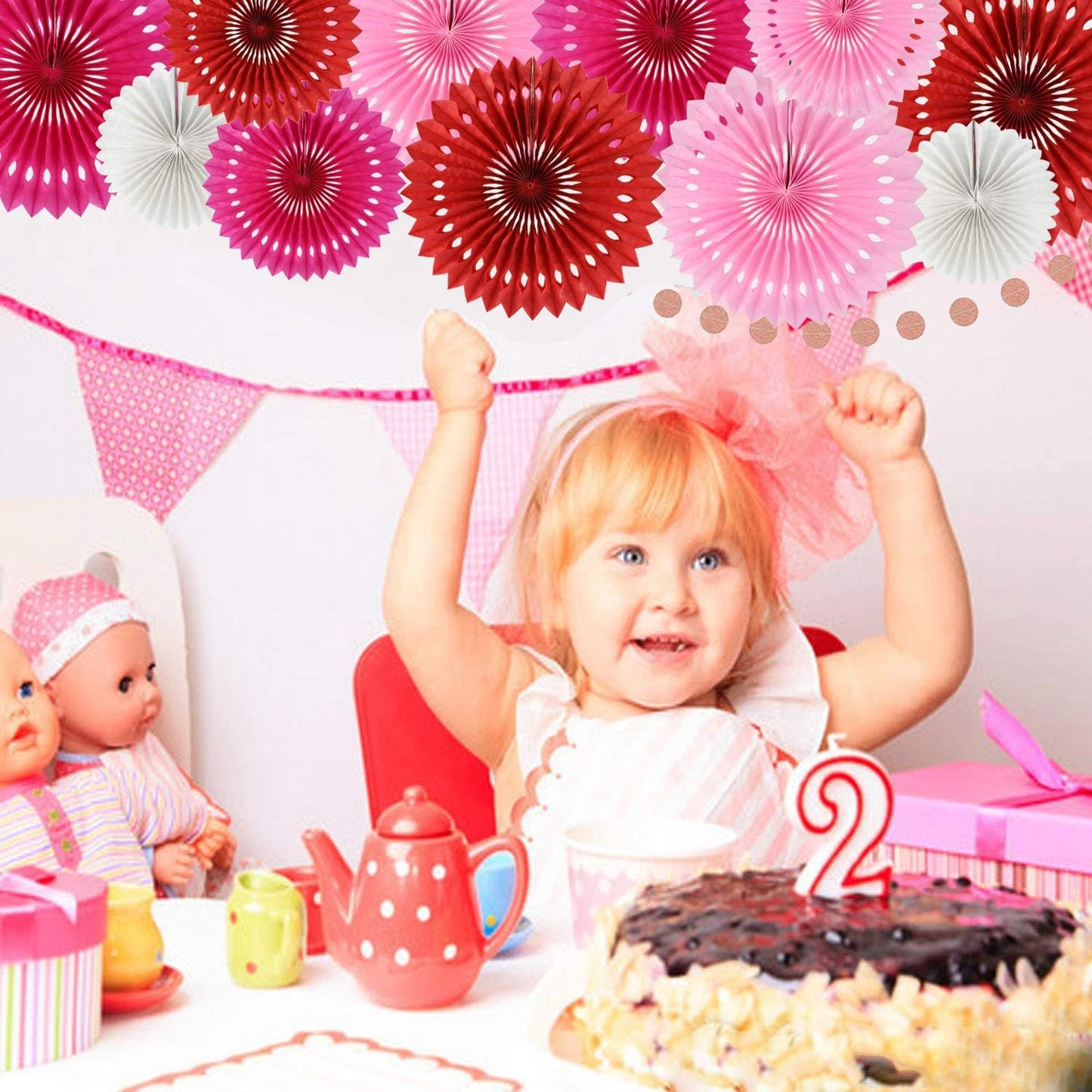 BEISHIDA Red Pink Rose Red Hanging Tissue Honeycomb Round Paper Fans Decor Kit for Birthday Girl