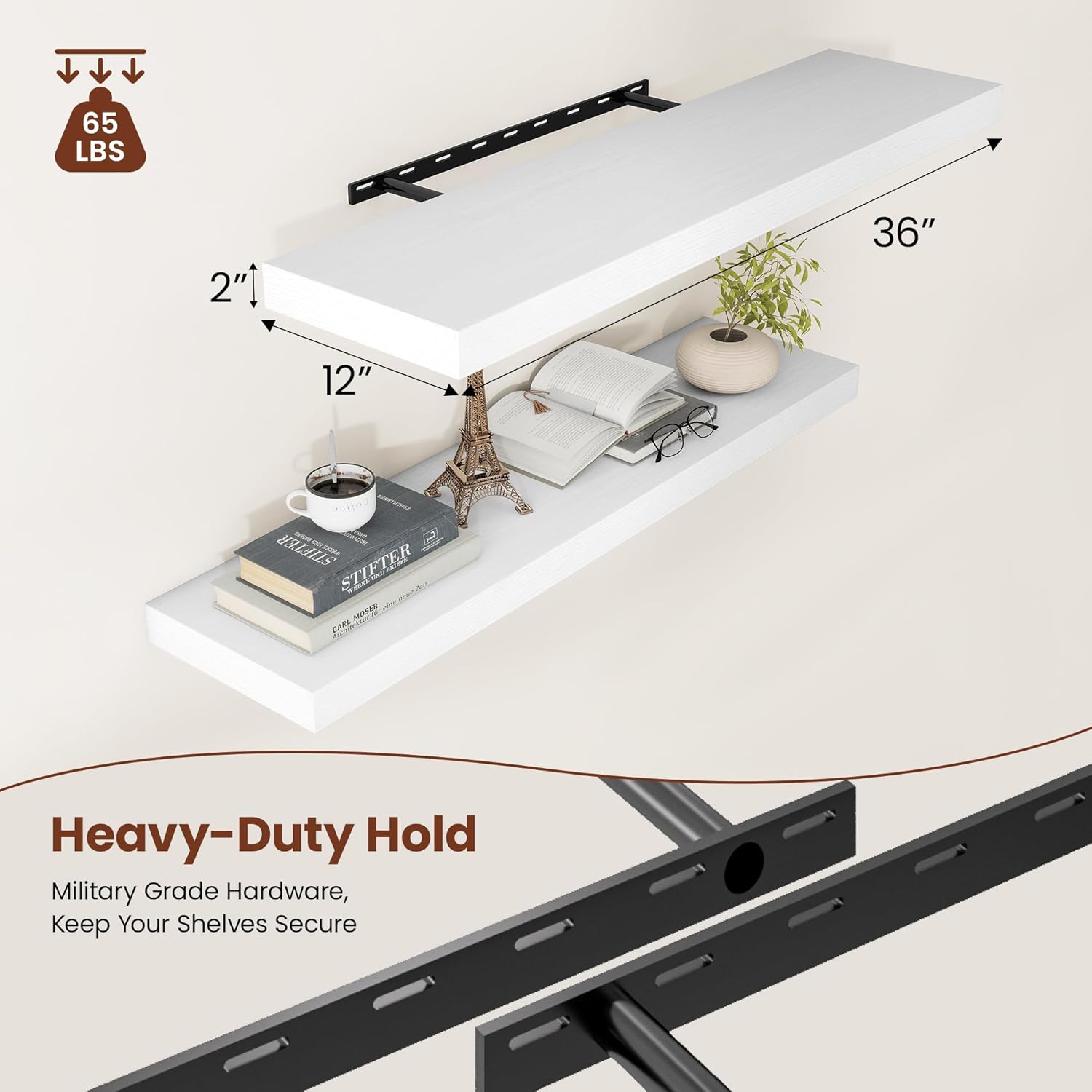 White Floating Shelves for Wall, 36 Inch X 12 Deep Shelves for Room Wall Mounted，2" Thick Heavy