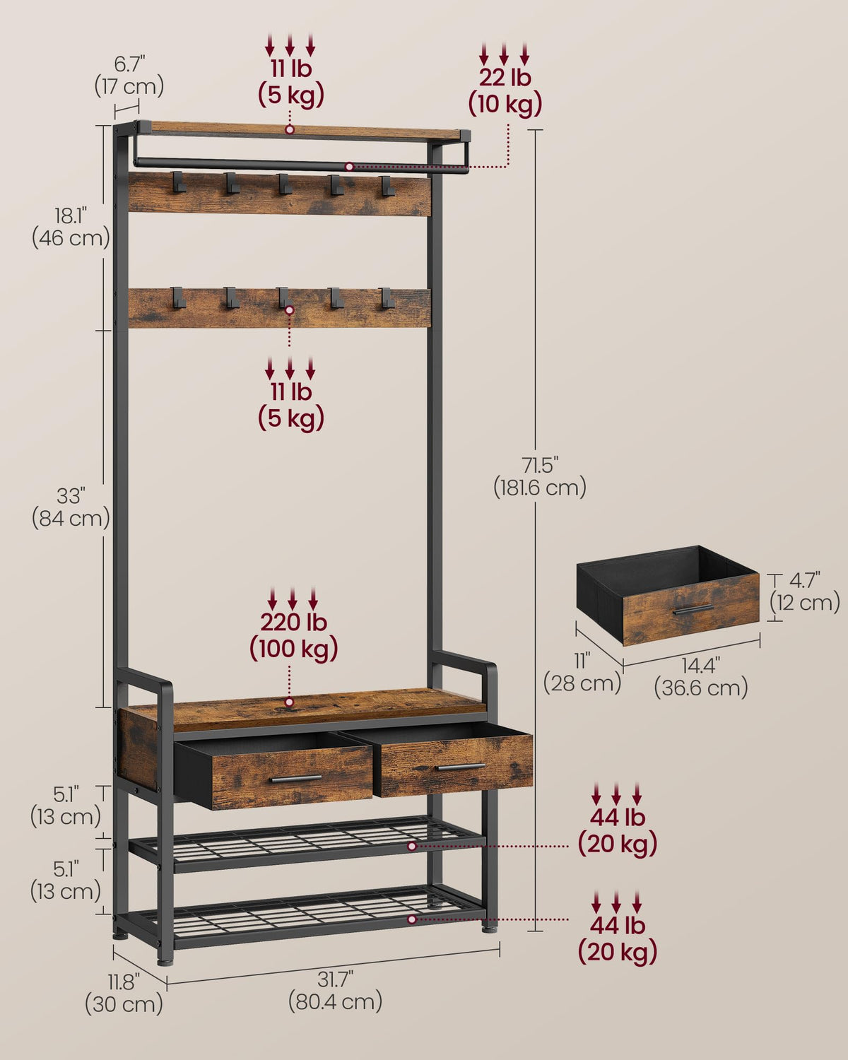 VASAGLE Hall Tree with Bench and Shoe Storage, Entryway Coat Rack with Shoe Bench, 2 Fabric