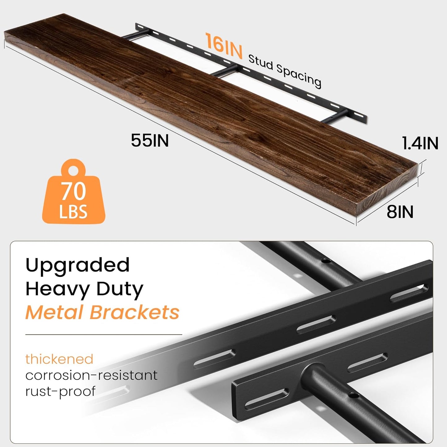 55 Inch Floating Shelves for Wall, Elm Wood Floating Shelves for Home Décor, Wall-Mounted Display