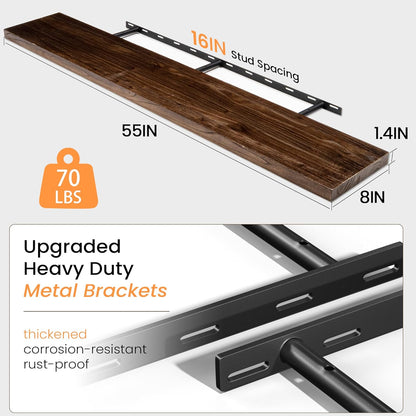55 Inch Floating Shelves for Wall, Elm Wood Floating Shelves for Home Décor, Wall-Mounted Display