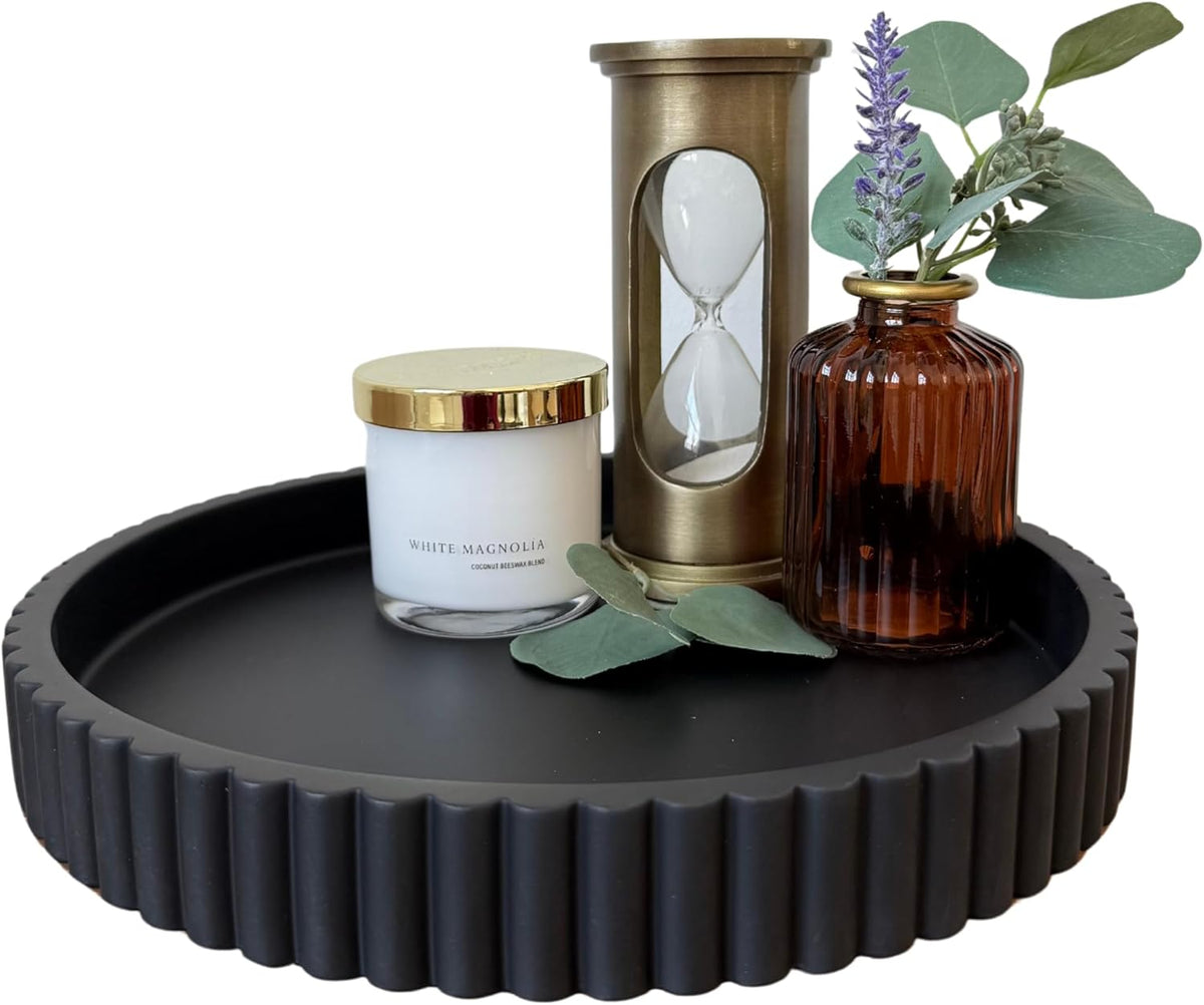 OAKOA Concrete Black Tray for Coffee Table - Round Black Decorative Tray for Table Decor - Bandejas