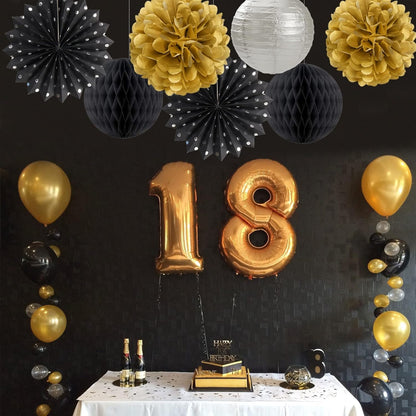 Black Gold Silver Party-Decorations Streamers-Lanterns - 14pcs Graduation 2025 Paper Fan,Tissue