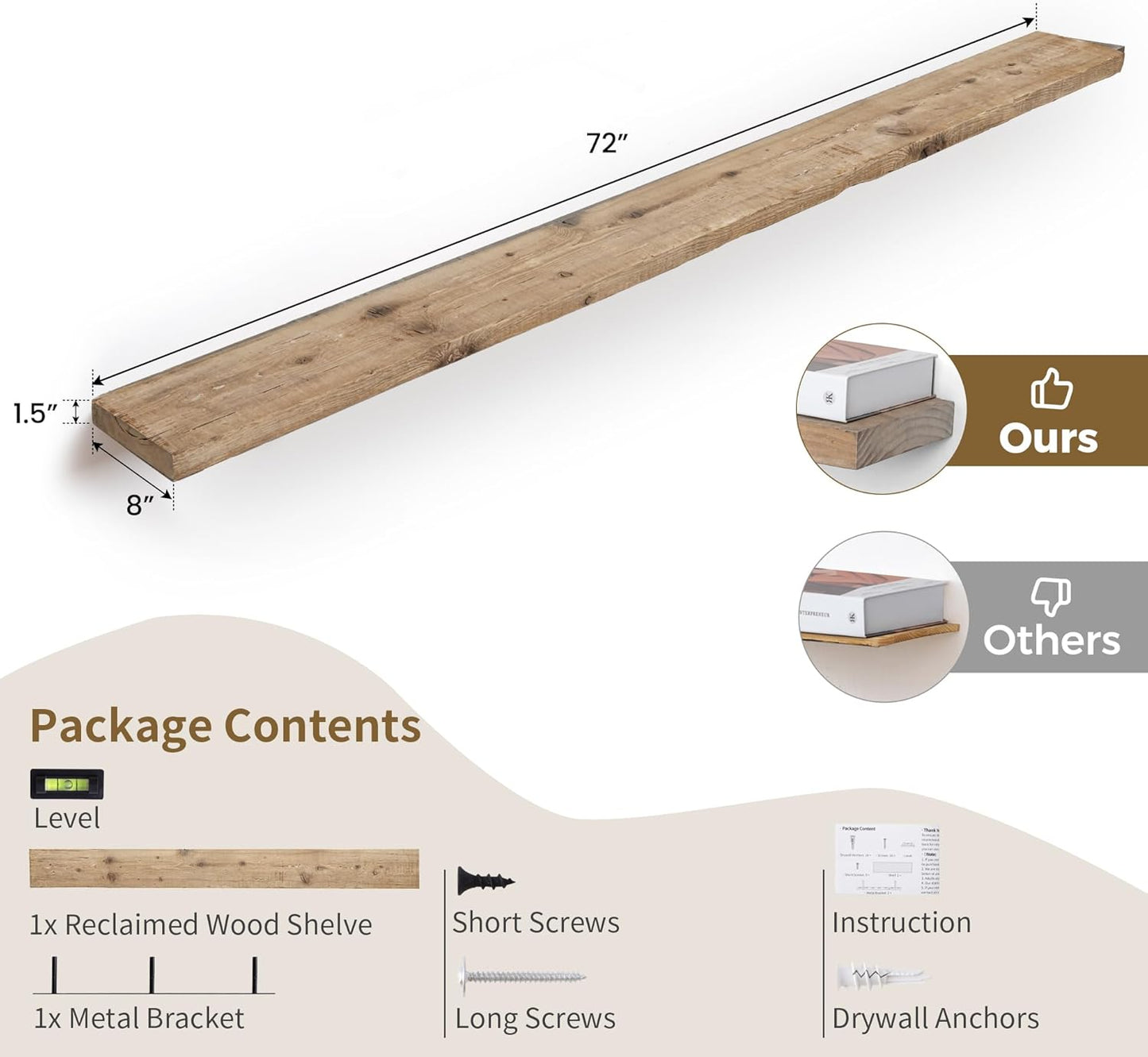 72 inch Floating Shelves for Wall, 8" Deep Rustic Reclaimed Barnwood Shelves, Floating Shelf Wall