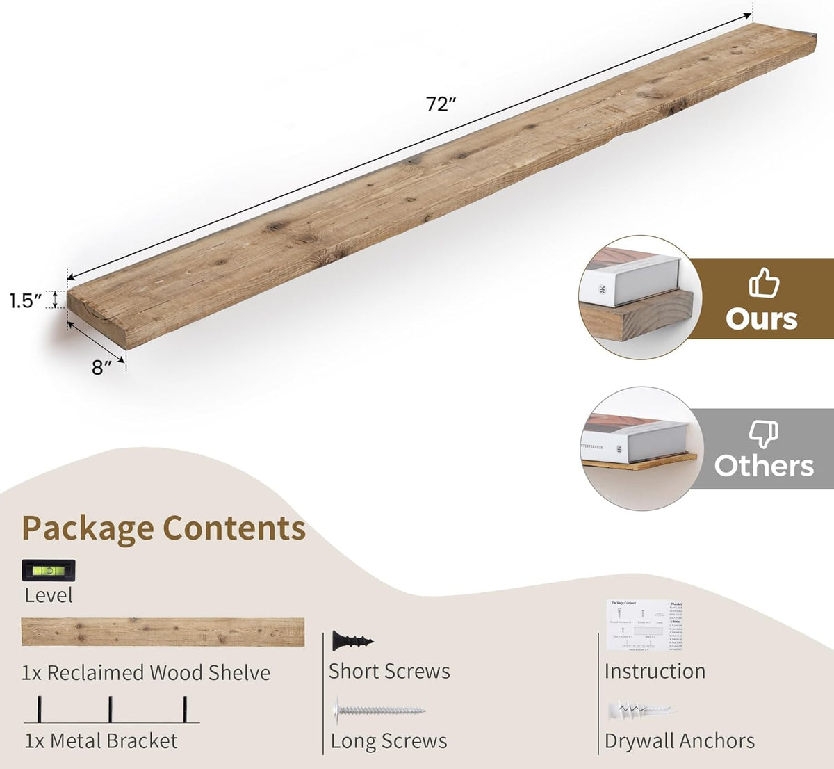 72 inch Floating Shelves for Wall, 8" Deep Rustic Reclaimed Barnwood Shelves, Floating Shelf Wall