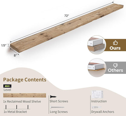 72 inch Floating Shelves for Wall, 8" Deep Rustic Reclaimed Barnwood Shelves, Floating Shelf Wall