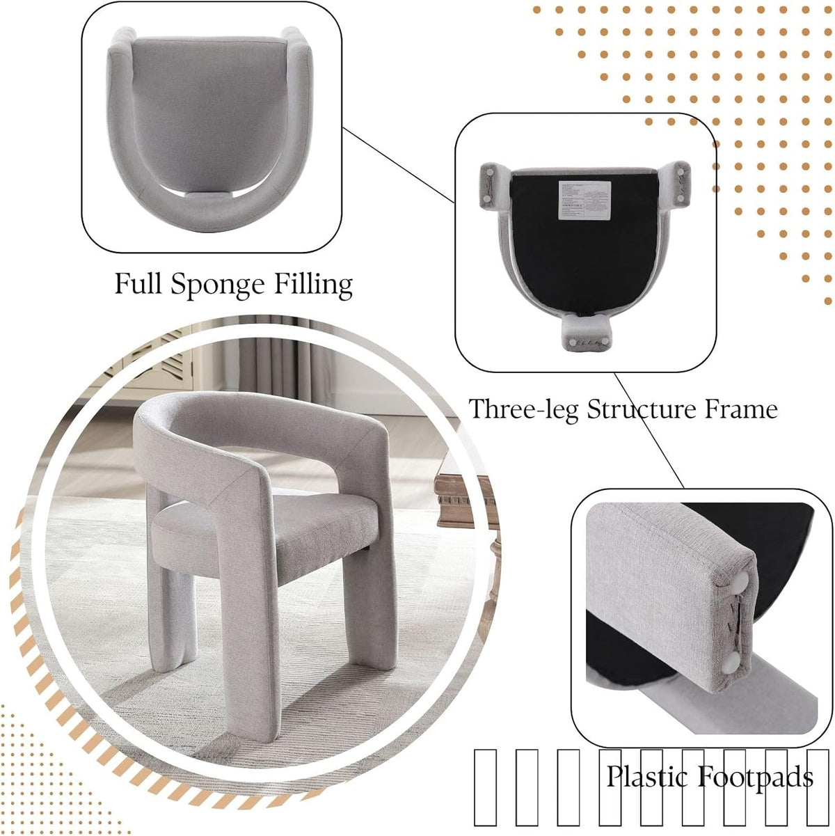 Grey Chenille Dining Chairs Set of 6, Modern Barrel Dining Room Chairs Upholstered Faux Fur Accent