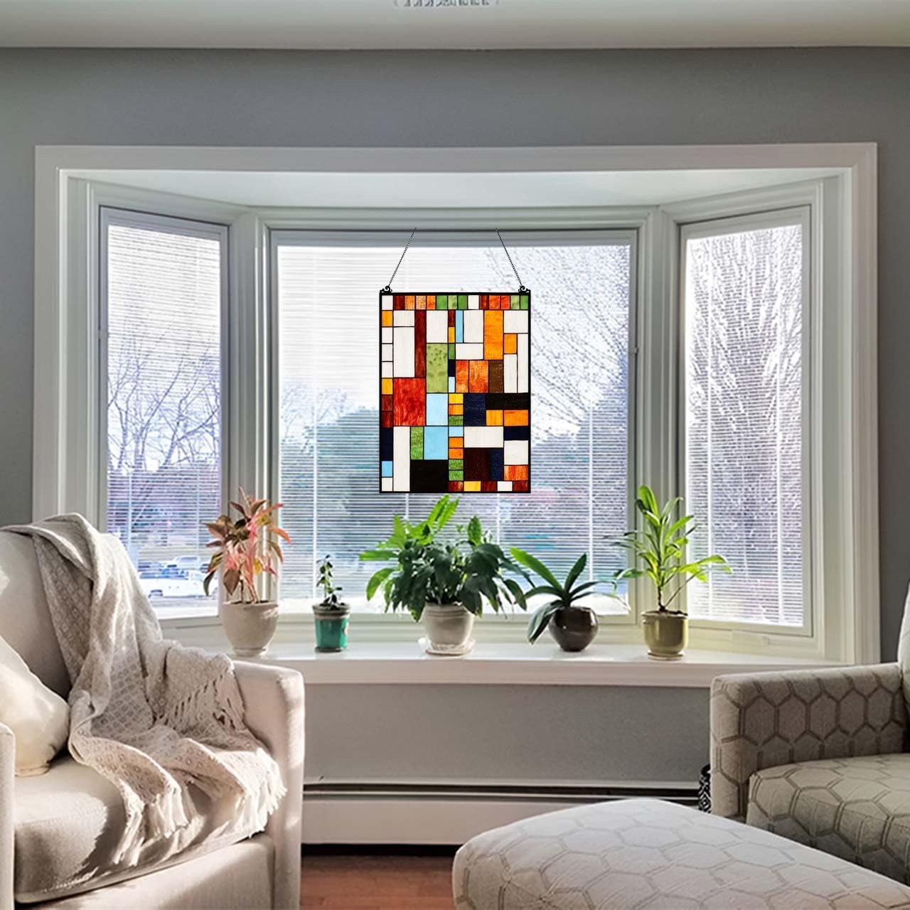 Bieye Geometric Color Block Tiffany Style Stained Glass Window Panel with Hanging Chain (18x25