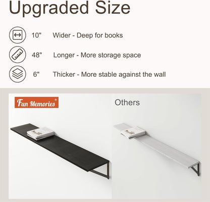 Floating Shelves 48 Inch Long, 10" Deep Floating Shelves, Black Wall Shelves 48 x 10, Set of 2
